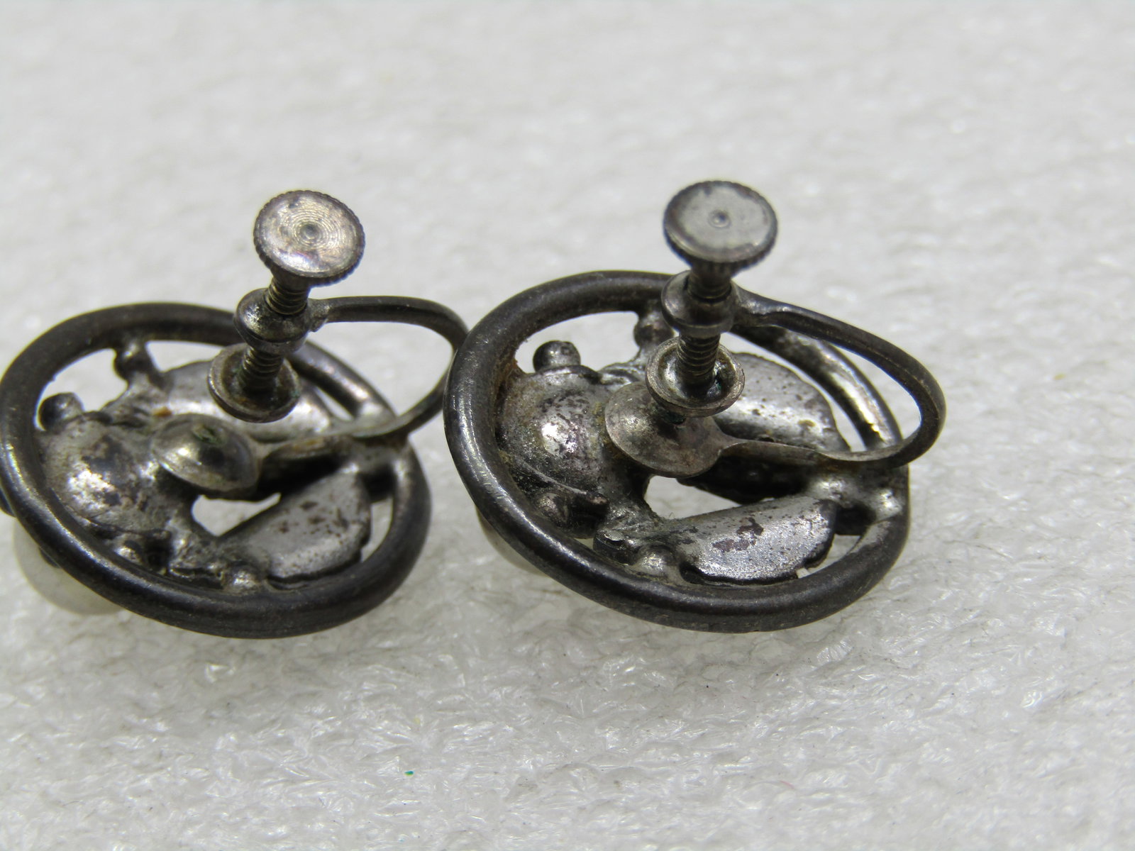 Vintage Faux Pearl Rhinestone Blossom Earrings, Screw Back, 1940's - 4