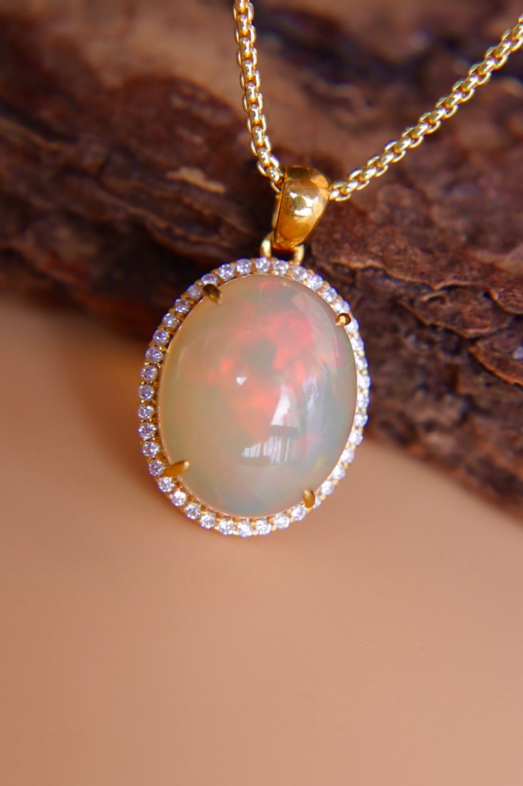 18K Gold Natural Opal Diamond Pendant - 2