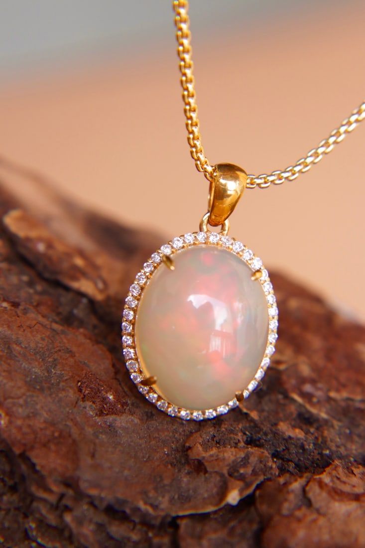 18K Gold Natural Opal Diamond Pendant - 4