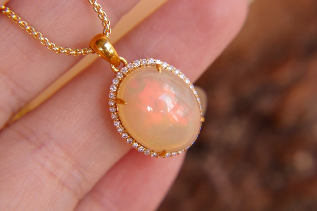 18K Gold Natural Opal Diamond Pendant - 5