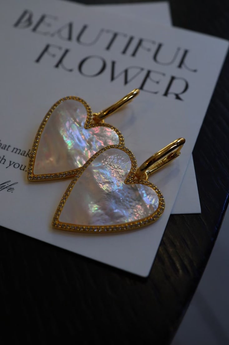 Silver Gilded Natural White Mother-of-Pearl Zircon Earrings