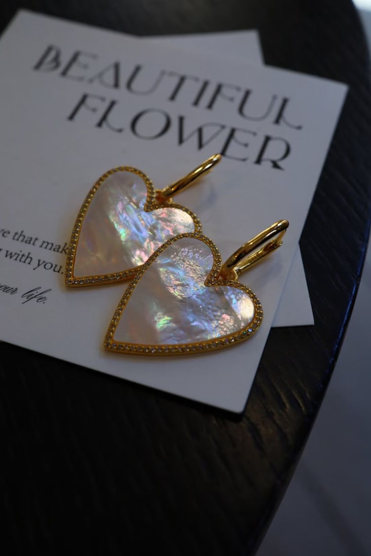 Silver Gilded Natural White Mother-of-Pearl Zircon Earrings - 2