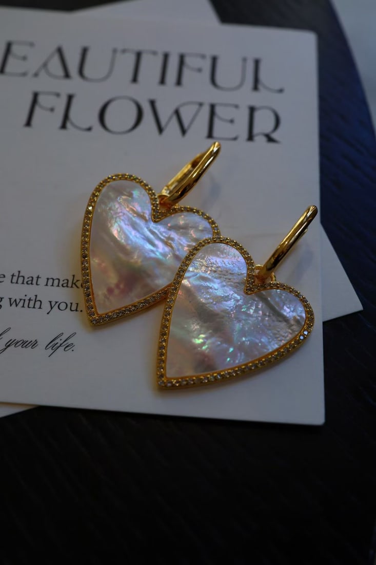 Silver Gilded Natural White Mother-of-Pearl Zircon Earrings - 3