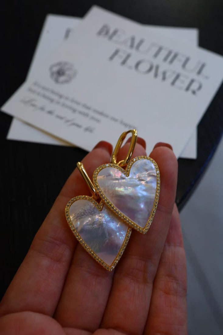 Silver Gilded Natural White Mother-of-Pearl Zircon Earrings - 4