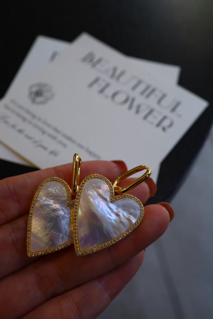 Silver Gilded Natural White Mother-of-Pearl Zircon Earrings - 7
