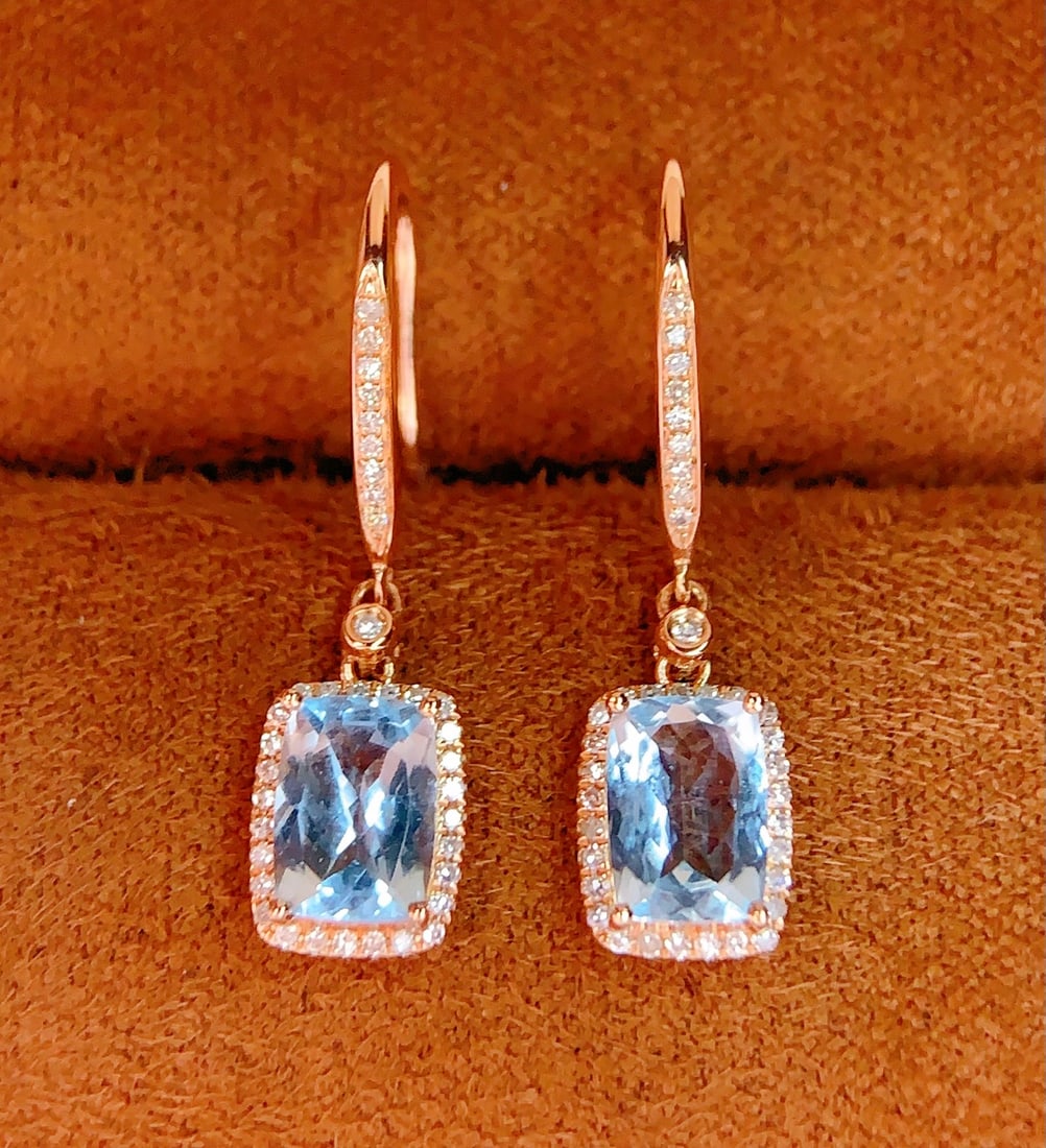 18K Gold Natural Aquamarine Earrings - 2