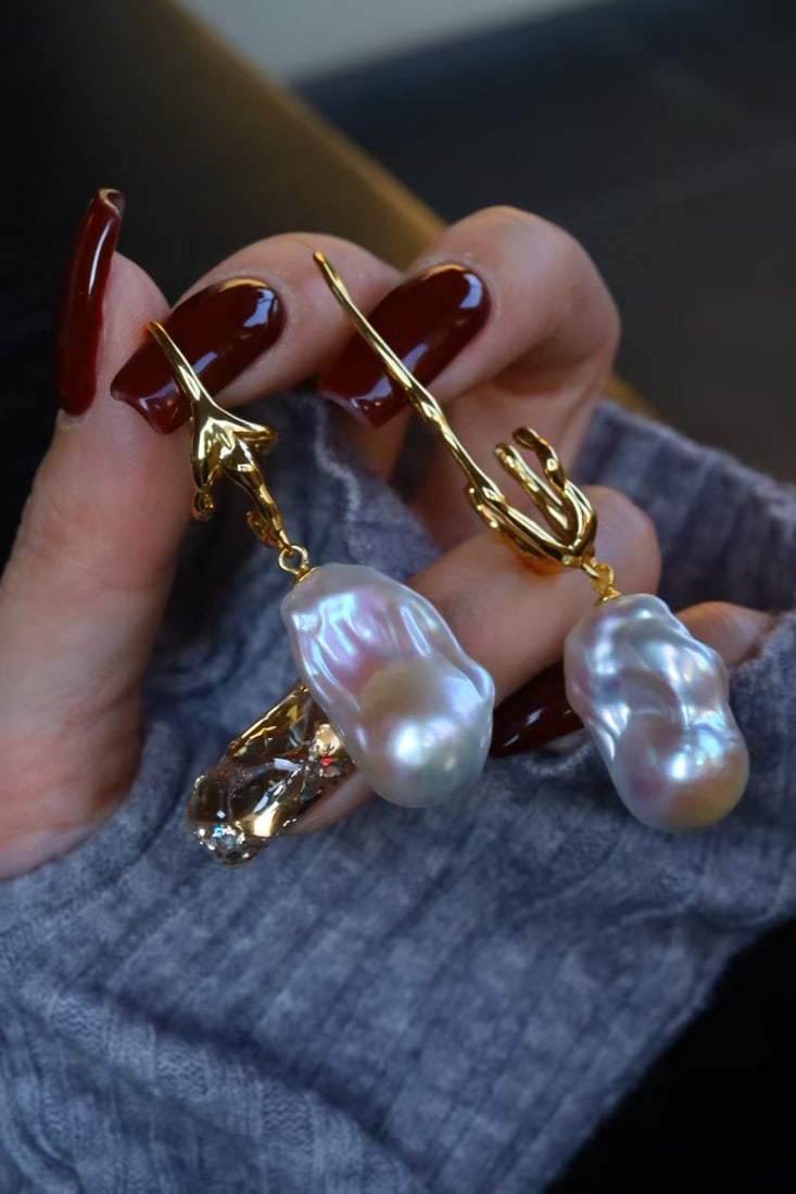 S925 Sterling Silver Natural Baroque Pearl Stud Earrings - 2