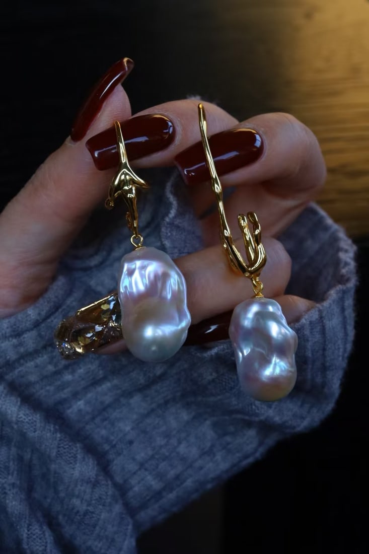 S925 Sterling Silver Natural Baroque Pearl Stud Earrings - 3