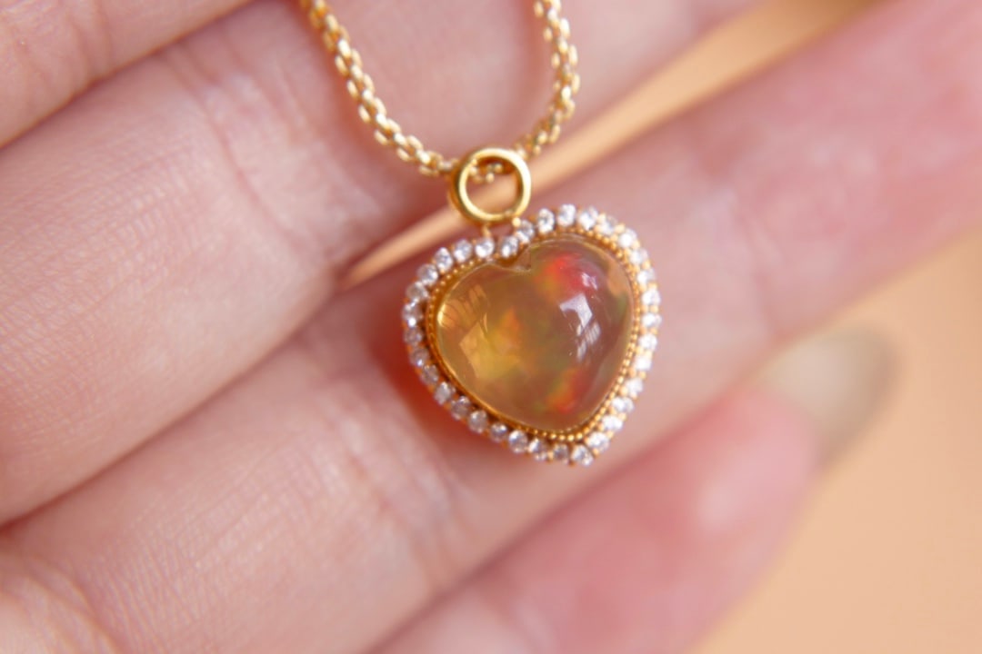 18K Gold Natural Opal Diamond Pendant - 2