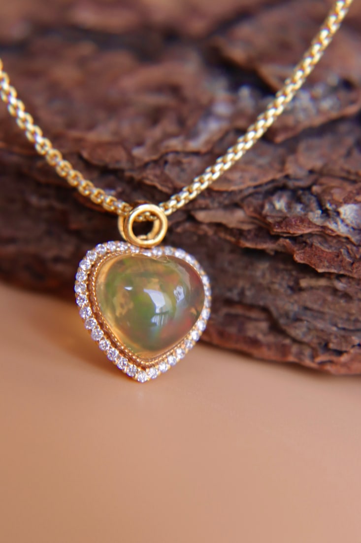 18K Gold Natural Opal Diamond Pendant - 6