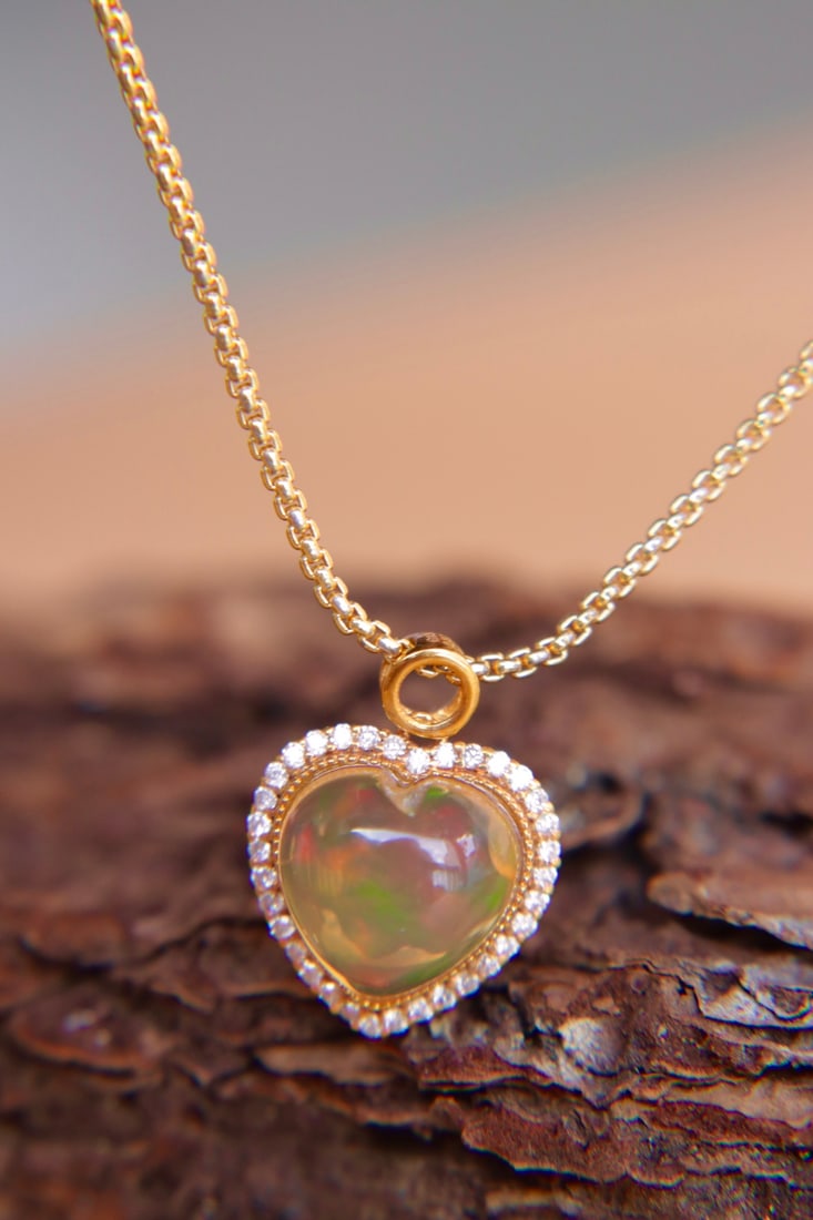 18K Gold Natural Opal Diamond Pendant - 8