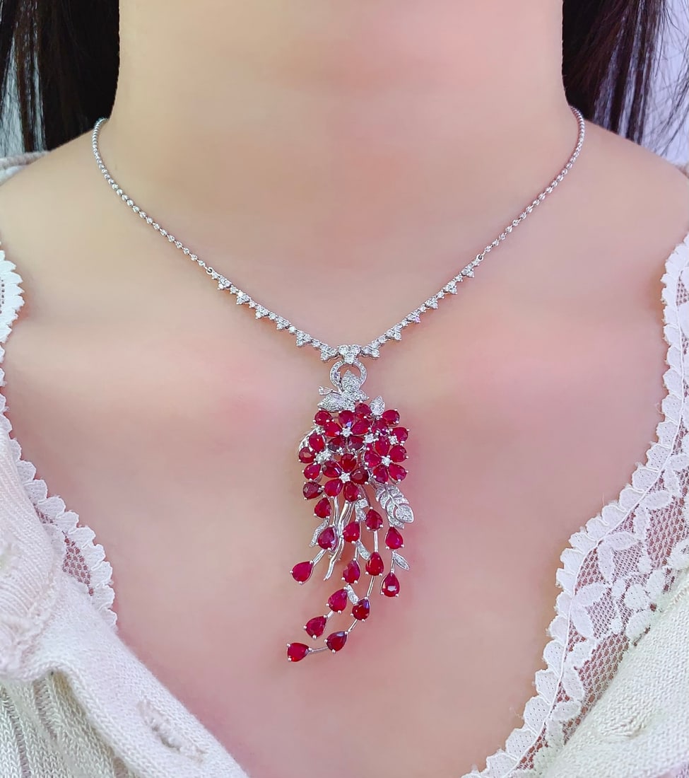 18K Gold Natural Ruby Pendant Brooch - 3