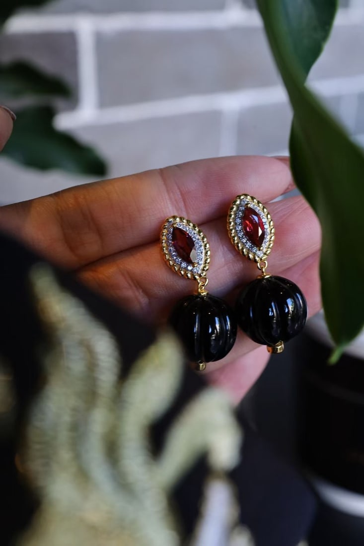 Silver Natural Garnet Black Agate Earrings - 2