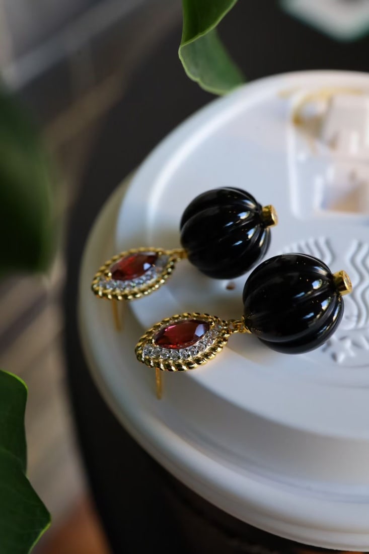 Silver Natural Garnet Black Agate Earrings - 7