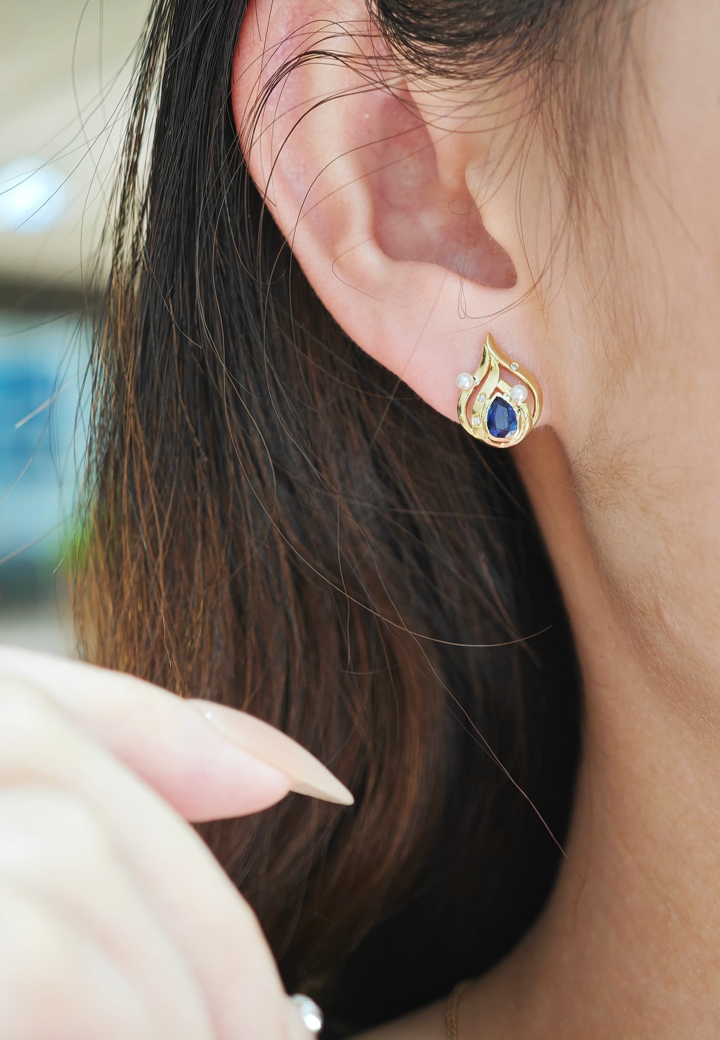 18K Gold Kyanite Pearl Earrings - 6