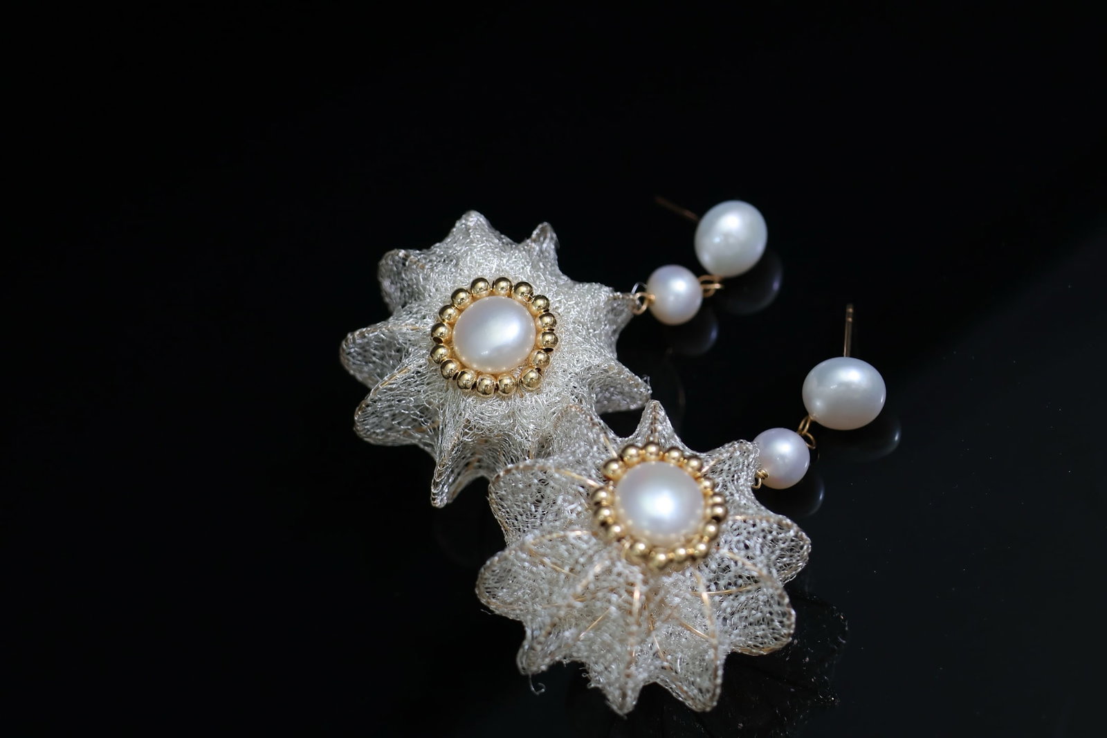 Natural Freshwater Pearl Earrings: Title: Natural Freshwater Pearl Earrings Description: These earrings feature a lace finish and are paired with natural freshwater pearls, showcasing a high-quality luster. Made from imported American 