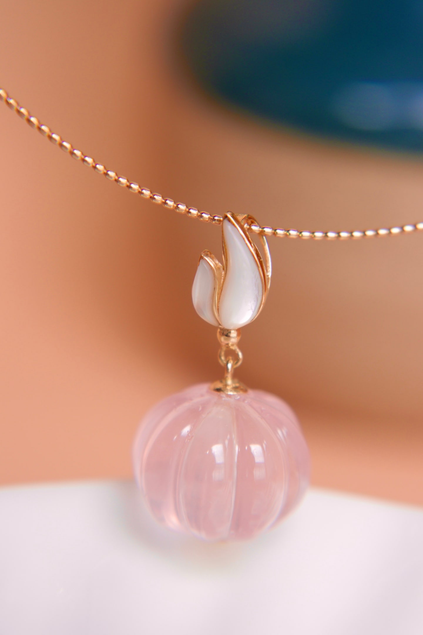18K Gold Natural Pumpkin Rose Quartz Pendant - 2