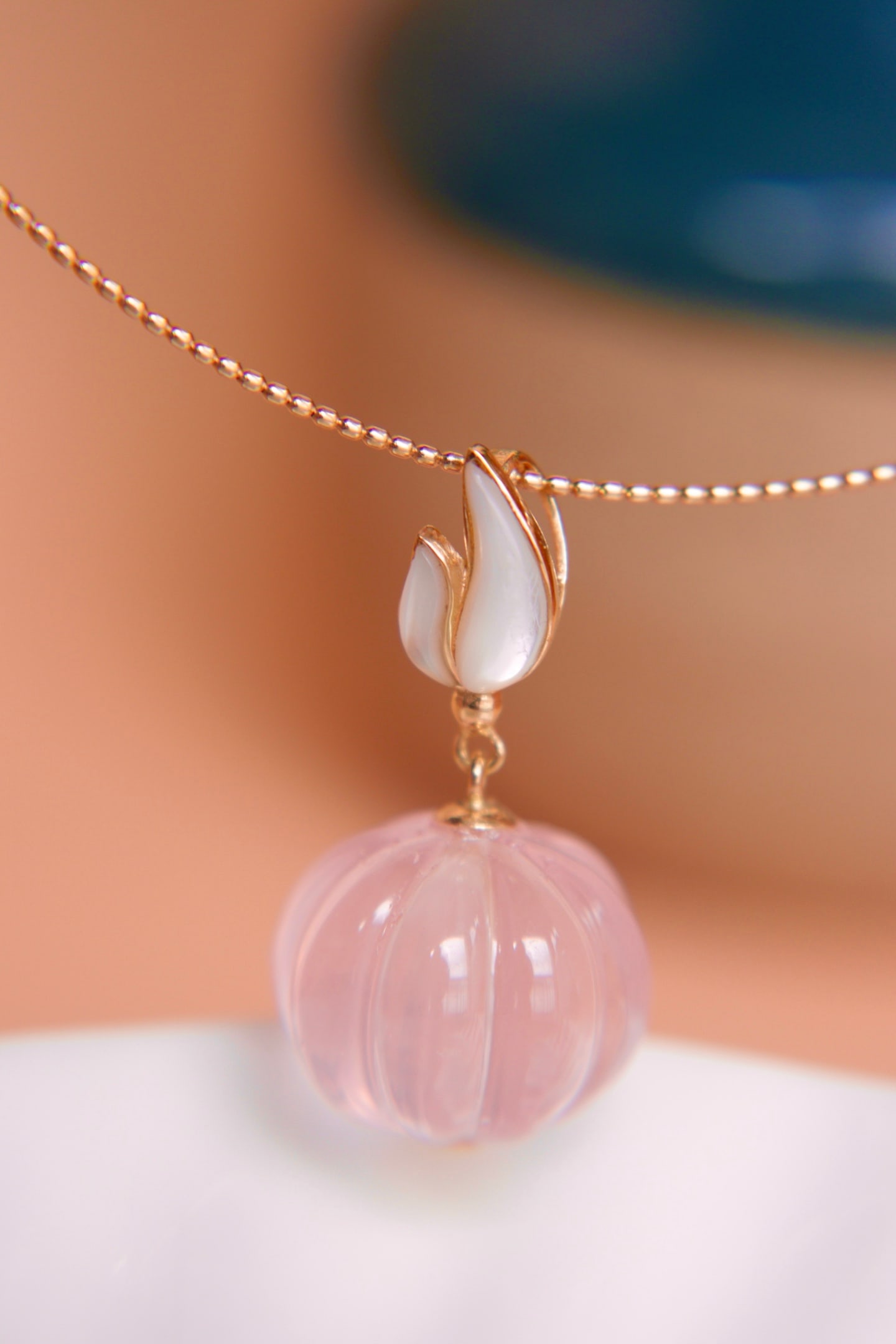 18K Gold Natural Pumpkin Rose Quartz Pendant - 3