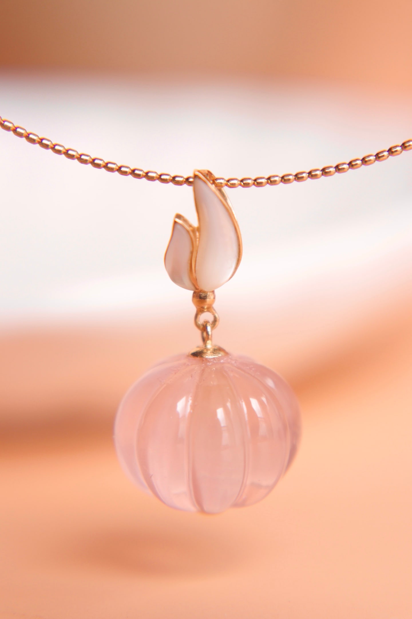 18K Gold Natural Pumpkin Rose Quartz Pendant - 4