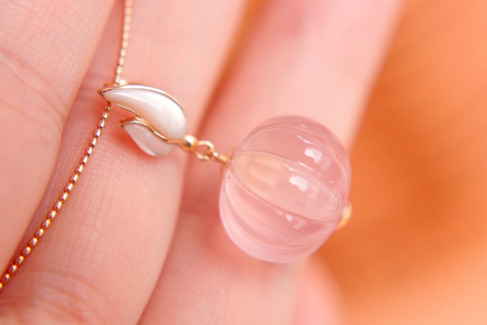 18K Gold Natural Pumpkin Rose Quartz Pendant - 5