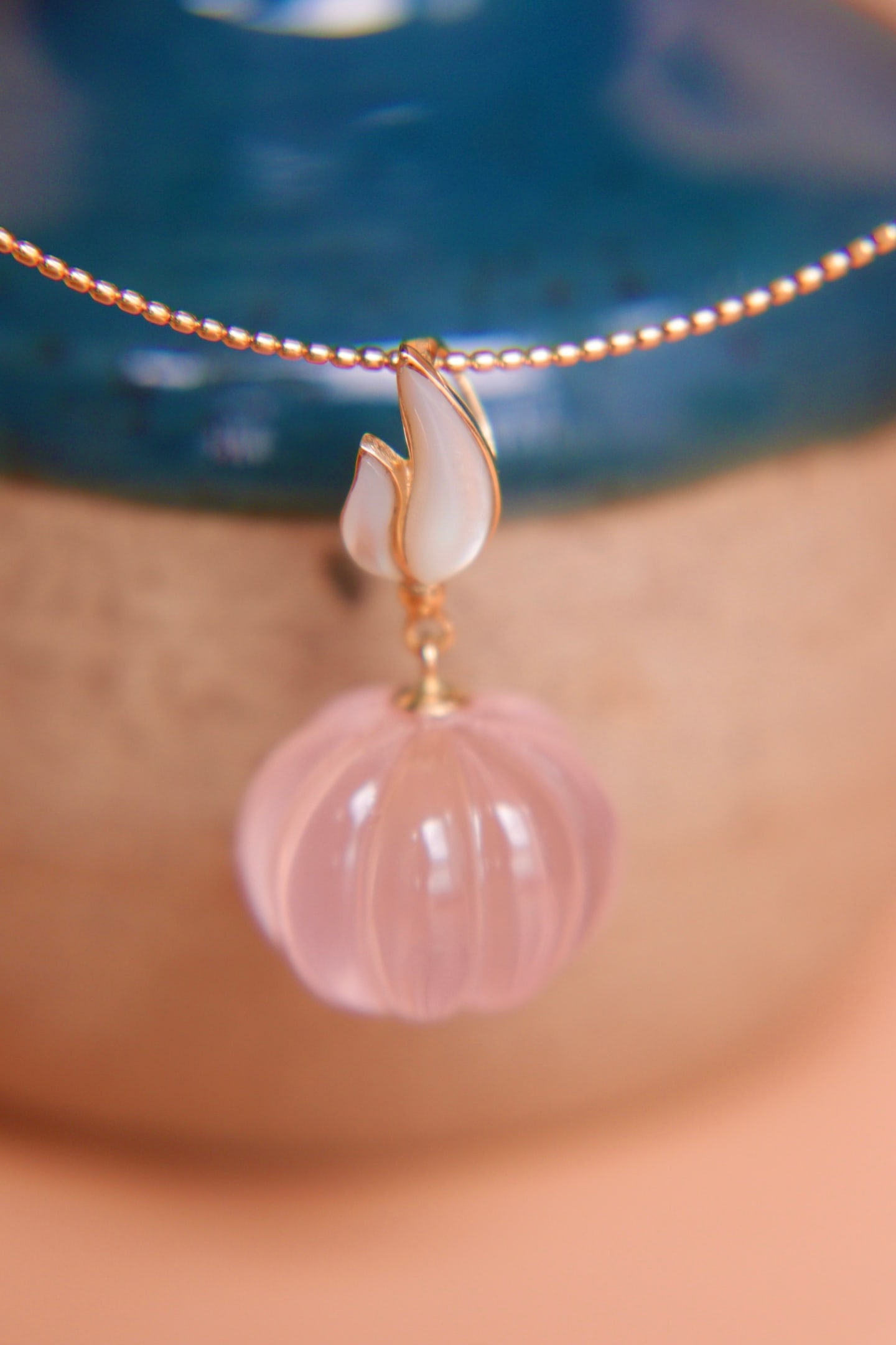18K Gold Natural Pumpkin Rose Quartz Pendant - 6
