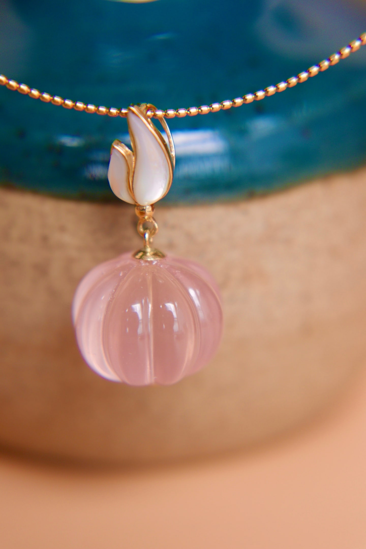 18K Gold Natural Pumpkin Rose Quartz Pendant - 7