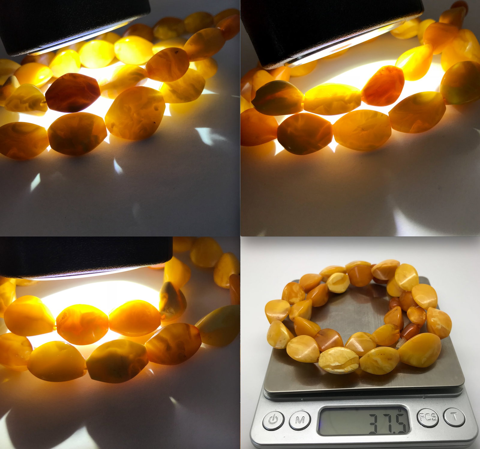 Antique Cut Amber Necklace: Title: Antique Cut Amber Necklace Metal: None Gemstone: Amber Weight: 37.5 g Size: Size: 20.0 x 13.2 x 510.0 mm Size: 0.787 x 0.52 x 20.079 inches Bead size: 20.0 x 13.2 mm Bead size: 0.787 x 0.52