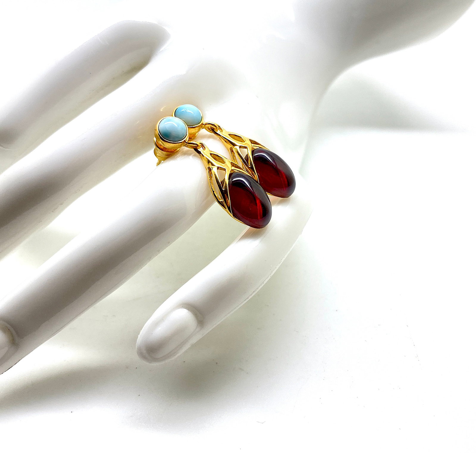 Beautiful Amber Earrings with Larimar - 3