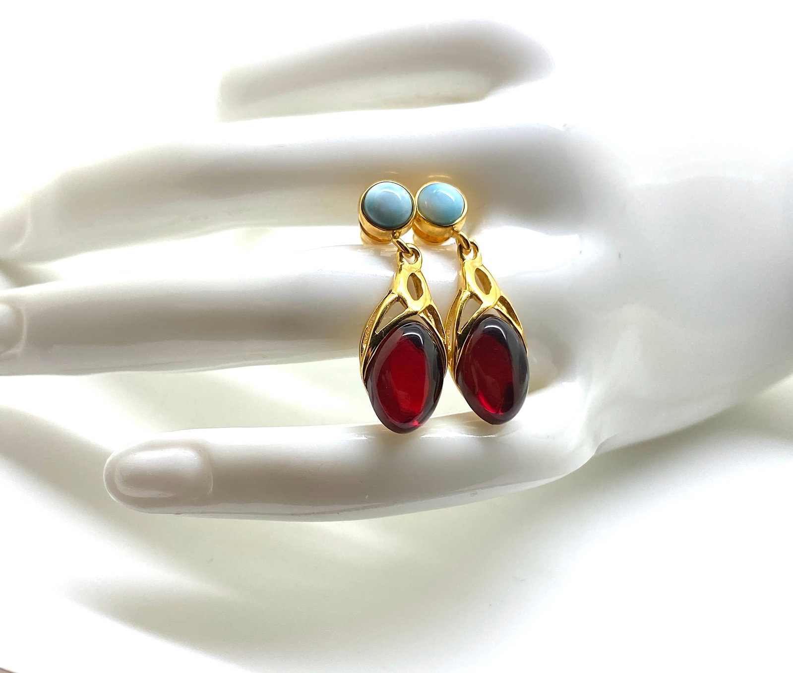 Beautiful Amber Earrings with Larimar - 4