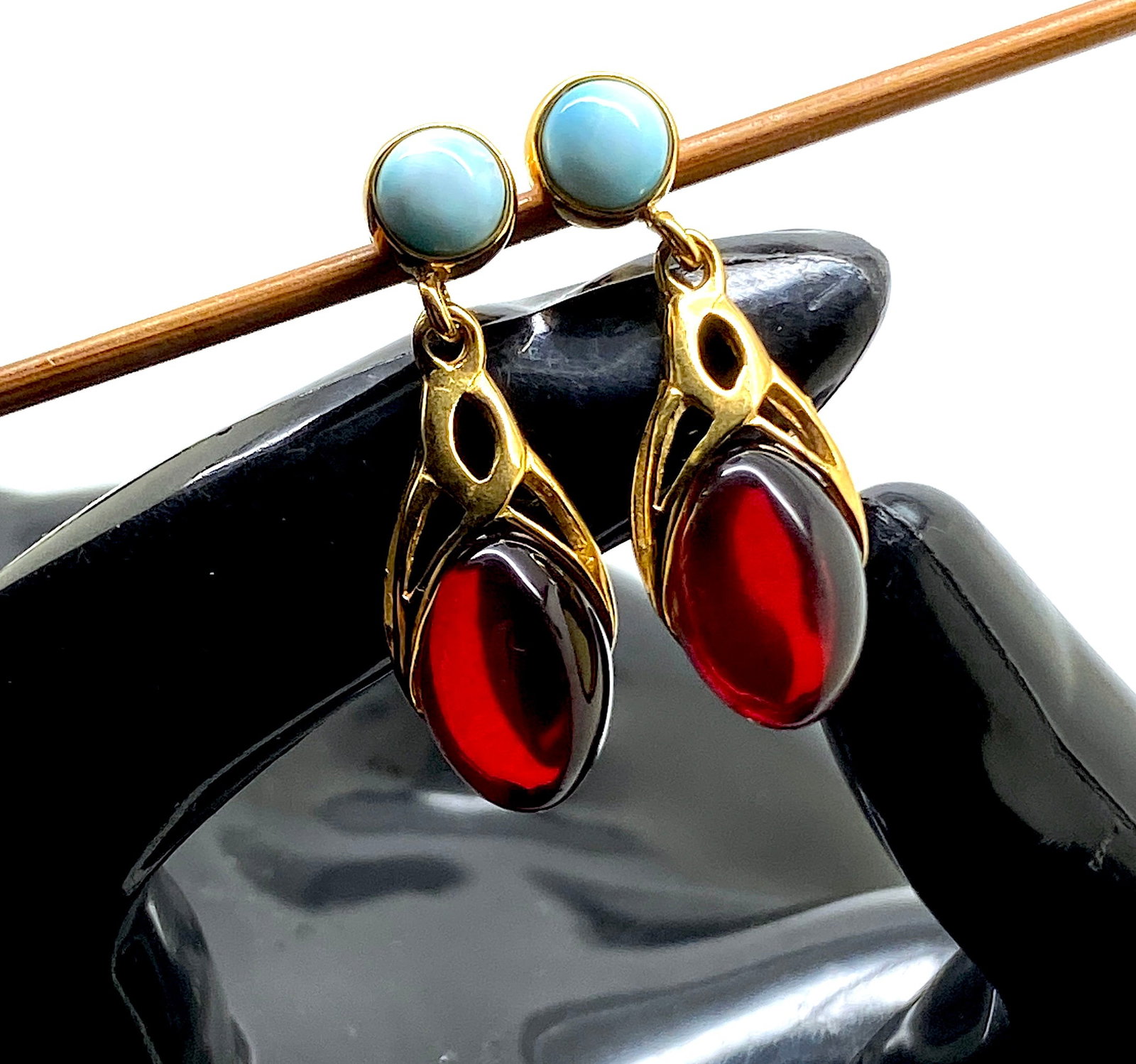 Beautiful Amber Earrings with Larimar - 6