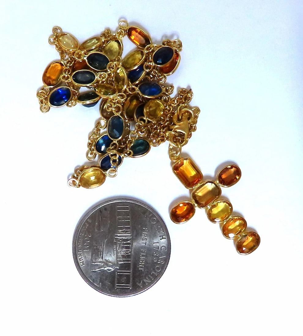 22ct Multicolor Natural Sapphire Rosary Necklace Cross & Yard 14kt ** - 4