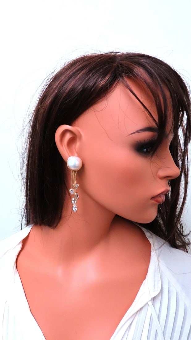 18mm Mabe Pearl Dangle CZ 14kt gold earrings Cosmopolitan Edit 12385** - 7