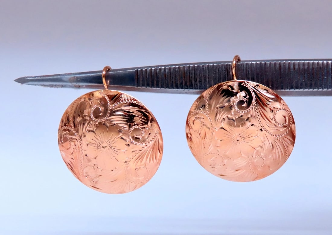 Detailed Engraved Vintage Restored Button Lever Wire Earrings 14kt Gold** - 3