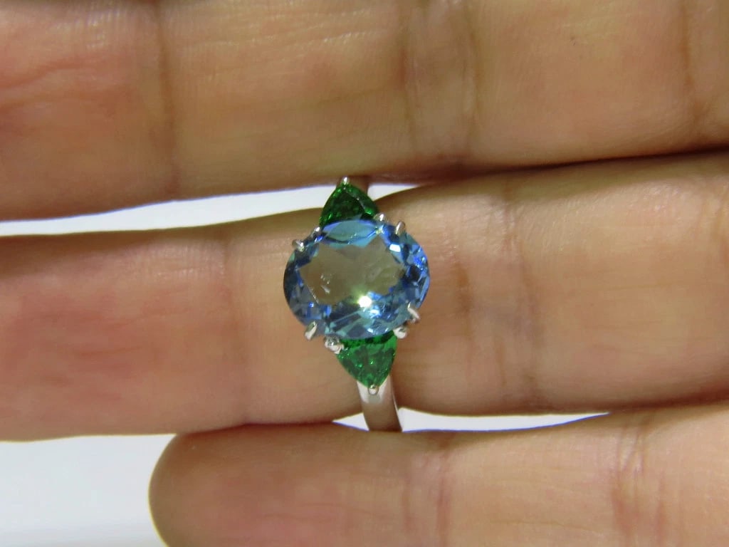 3.98CT NATURAL AQUAMARINE TSAVORITE RING MODERN 3 14KT GOLD ** - 5