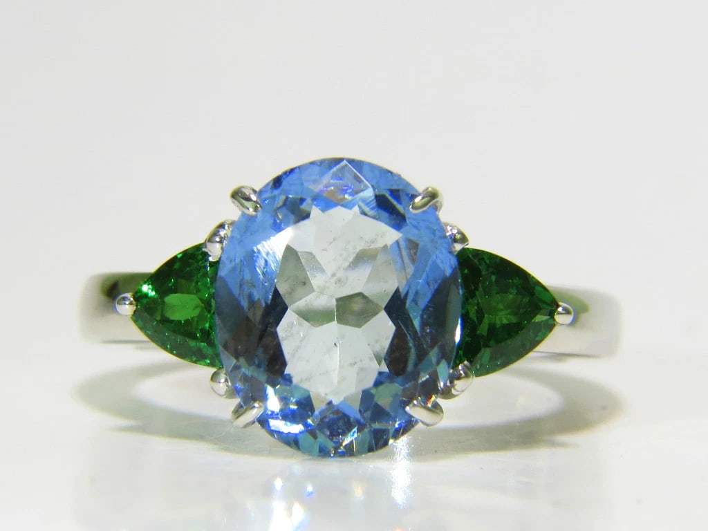 3.98CT NATURAL AQUAMARINE TSAVORITE RING MODERN 3 14KT GOLD ** - 7