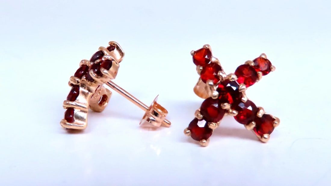 Natural Round Garnet ''x'' Studs Earrings 14kt Gold 12607** - 2