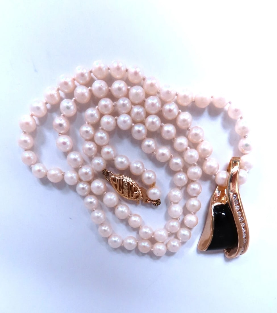 Carved Black Onyx Natural Diamonds Necklace 14kt Gold** - 2