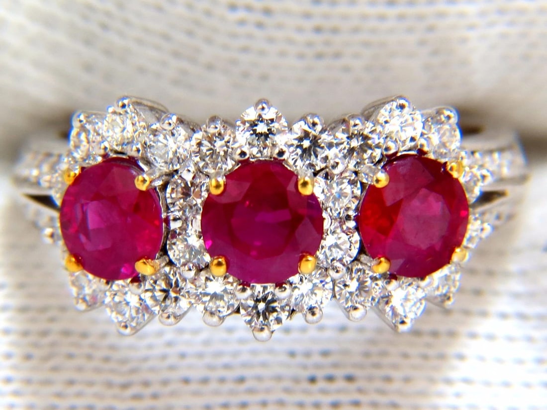 2.52ct natural vivid red ruby diamonds ring 14kt three stone halo class** - 5
