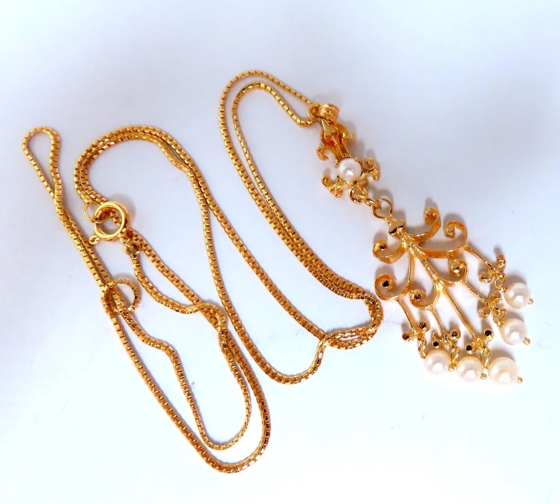 4 mm freshwater Pearl tribal vintage style necklace 14kt**: Title: 4 mm freshwater Pearl tribal vintage style necklace 14kt** Description: Gilt iconic Victorian style dangling pearl necklace 4 mm freshwater Pearl Overall pendant 42x18 mm 20 inch necklace 14