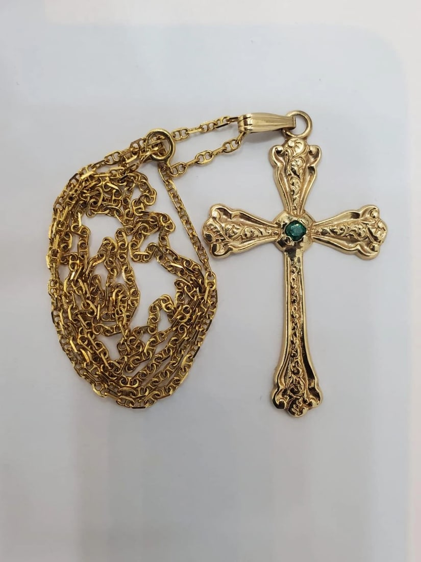 Vintage Natural Emerald Cross Pendant 14kt 47744** - 5