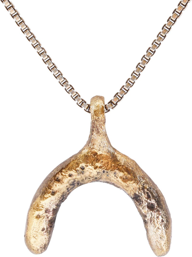 VIKING LUNAR PENDANT NECKLACE, C.950-1050 AD, SIZE 6: Small example, just under 5/8” width (0.60”). As expert navigators, the constellations signified mystery and power to Vikings. The Moon was personified as Mani, brother to Sol the Sun,