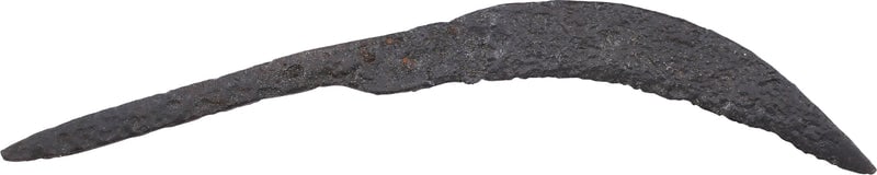 CELTIC SIDE KNIFE OR POUCH KNIFE, 450-100 BC.: Just over 4 1/2" in total length. Forged iron with the characteristically broad, curved back, thin, wedge section blade. They are slashing knives capable of cutting a man's throat to the spine. As
