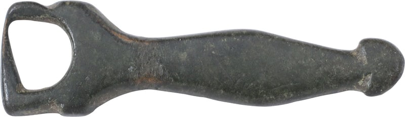 ROMAN LEGIONARY'S SWORD BELT TERMINAL, 2nd-3rd CENTURY AD: Bronze, tear-shaped with a stirrup form end. At the time, legionary's sword belts had split ends with two terminals. See https://www.forumancientcoins.com/numiswiki/view.asp?key=Military%20Belts,