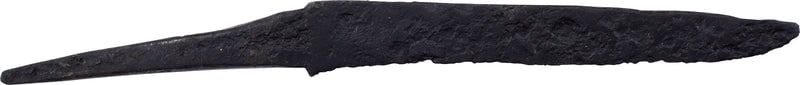 CELTIC SIDE KNIFE OR POUCH KNIFE, 200BC-100AD: Roman Britain. Over 5" overall with characteristic inside curved wedge section blade. Tapered tang for embedding in a grip without a guard. The blade root squared in the Roman fashion for facing a cas