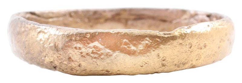ANCIENT VIKING WARRIOR’S S WEDDING RING C.850-1050 AD, SIZE 8 1/2: Good wearable size, just over 8 1/2. Low rounded face band 3.7mm width. Surface textured from burial and wear. Professionally refurbished with the 24karat gold overlay restored for modern wear.