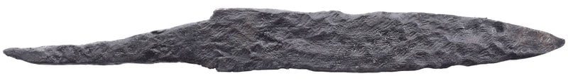 VIKING POUCH KNIFE-NORWAY, 9TH-11TH CENTURY AD: Just over 4” (4.08”) total length. Near straight edge for slashing. Whittle tang, to secure it to the wood, bone, or antler grip, now perished. Isolated pockmarks oxidation mixed with