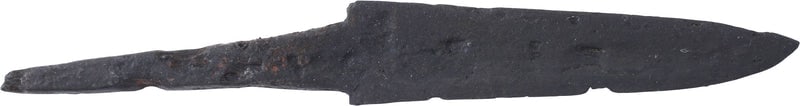 ROMAN SIDE KNIFE 1ST-3RD CENTURY AD: 4 1/2” total length. The wedge section single edged blade with slightly dropped point made for slashing and thrusting. No evidence of sharpening as would be on a utility or work knife. Squared