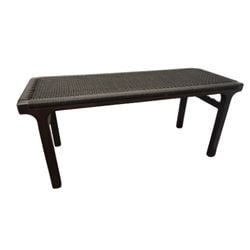Cb2 Small Black Leather Woven Bench, Modern Matte Black Wood Frame: A contemporary bench featuring a dark wood frame and a tightly woven black seat. The design is minimalist, echoing mid-century modern sensibility with clean lines and functional aesthetic. The woven