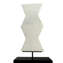 Modernist White Marble Sculptural Object on Black Base: A striking modernist sculptural object, crafted from white marble with subtle grey veining, presenting a dynamic, zigzagging silhouette. It features a flat, polished surface on both sides. The