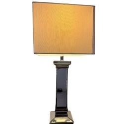Modern Mirrored Pair of Table Lamps with Rectangular Shade: Chic and contemporary pair of table lamps featuring a mirrored pillar-style base. The base is constructed from beveled mirror panels, giving it a sleek and reflective quality. It is topped with a
